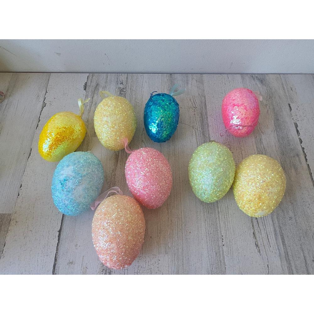 Vintage sequin glitter large life size Easter egg ornament spring pink blue
